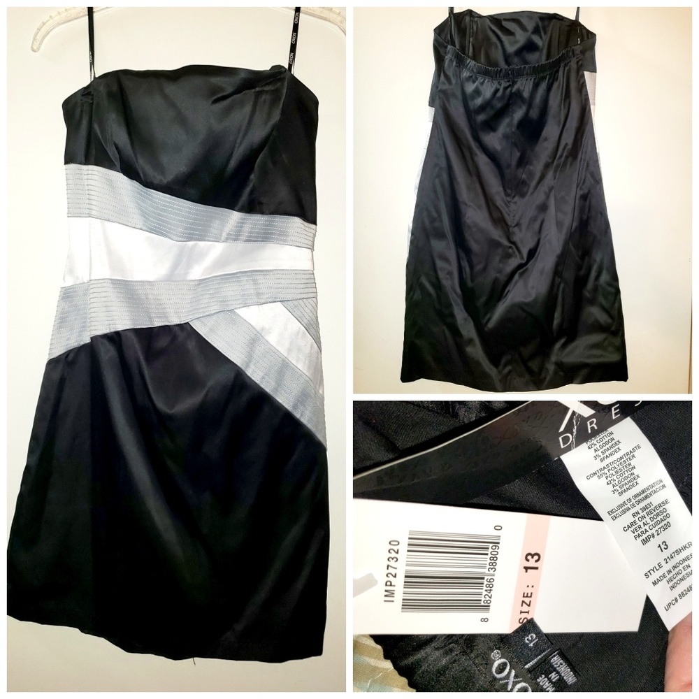 Black, White and Gray Strapless Satin Dress